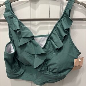 Bloomchic Solid Ruffle Surplice Neck Trim Swim Top Green